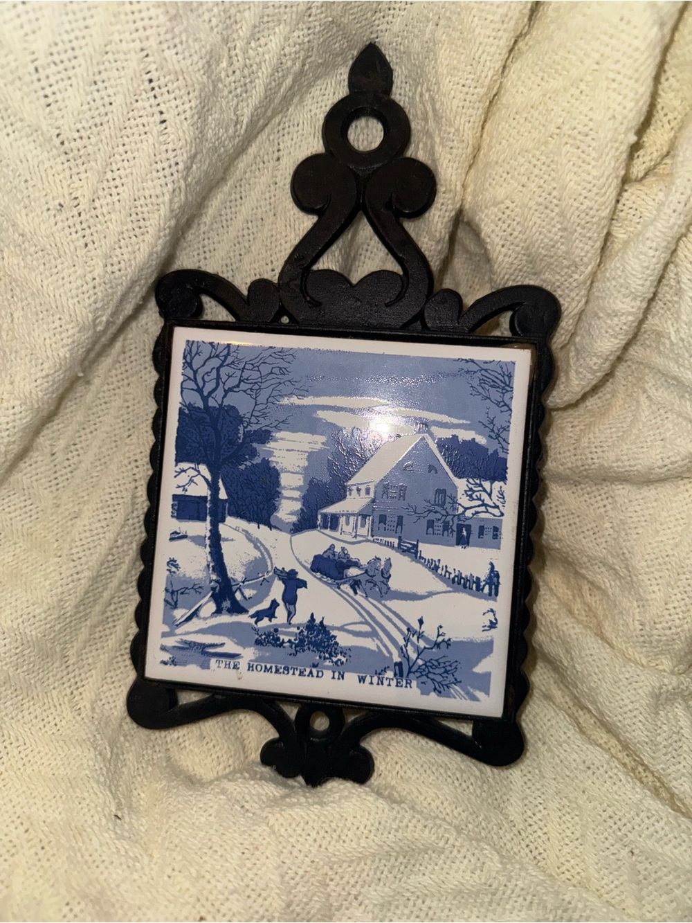 Blue Winter Homestead Ceramic Tile with cast iron frame Currier & Ives